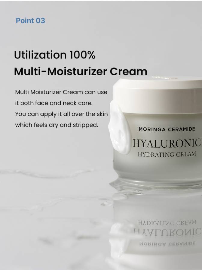 Hyaluronic hydrating cream jar with text on a light gray background