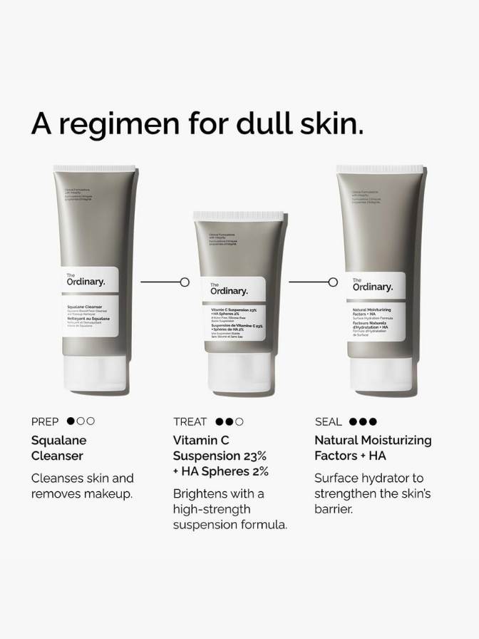 Three skincare products from 'The Ordinary' with labels on a white background.