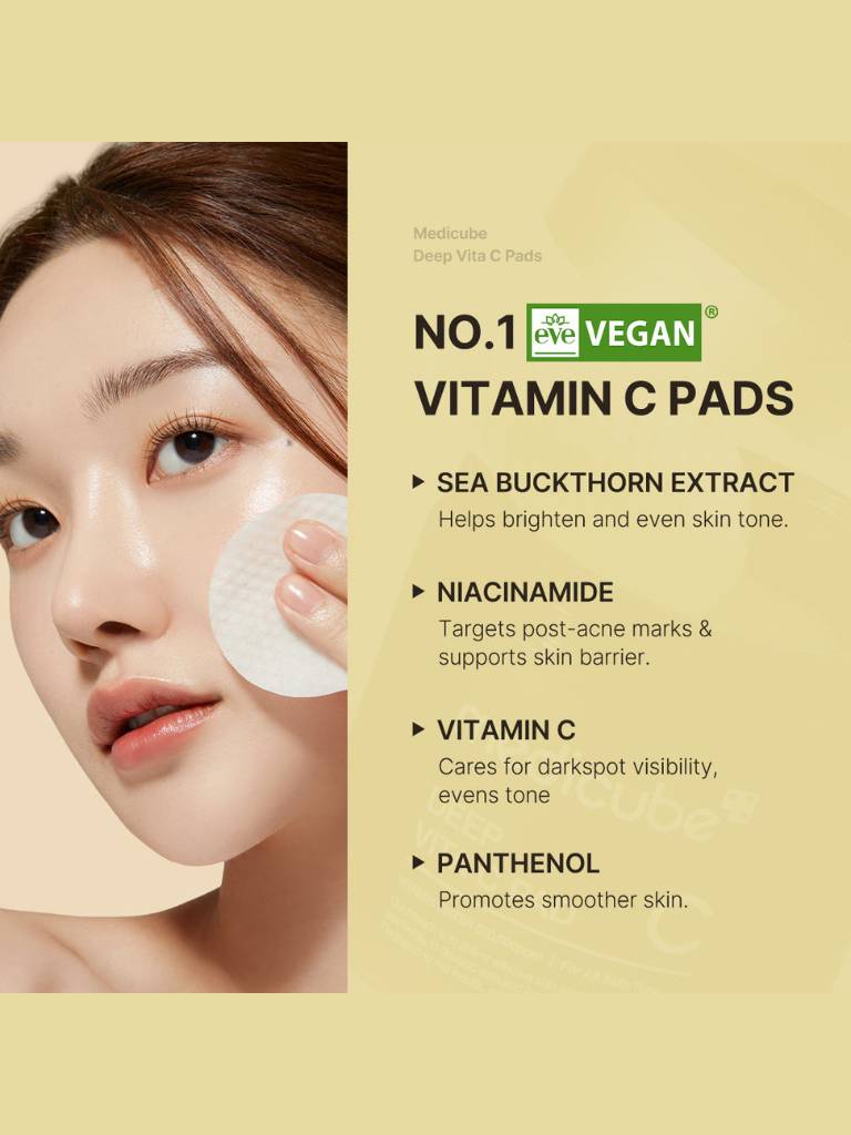 Vitamin C pads with a woman applying them, featuring Sea Buckthorn Extract, Niacinamide, Vitamin C, and Panthenol on a beige background.