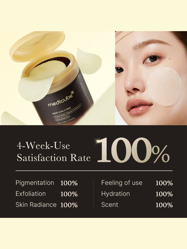 Cosmetic product with a woman's face applying a patch, and text highlighting satisfaction rates.