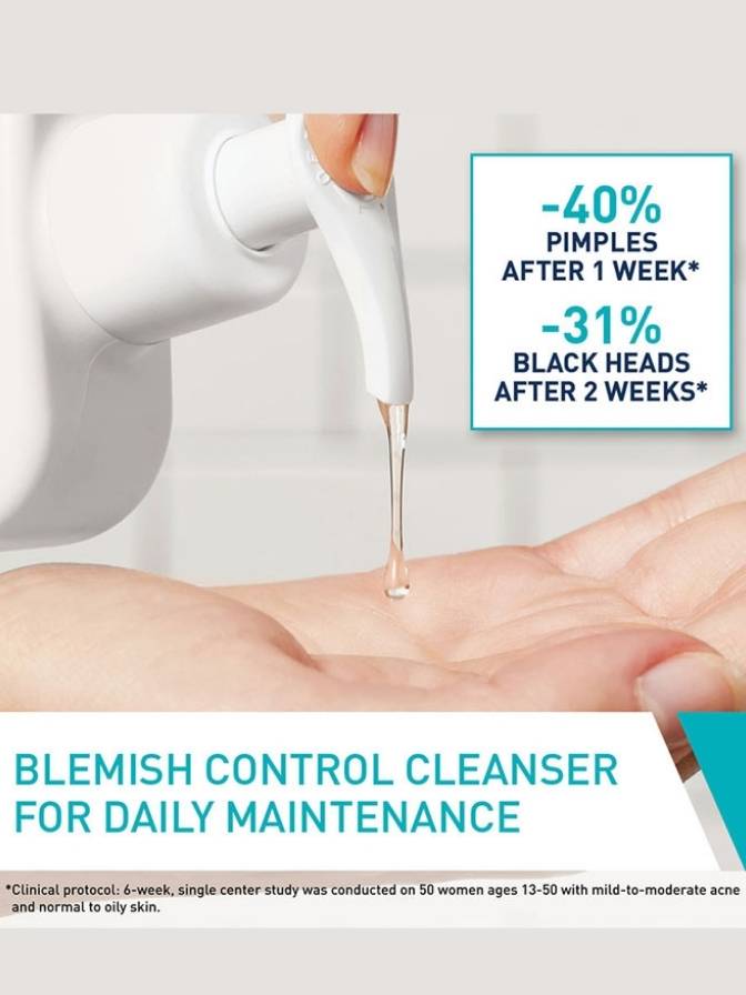 Blemish control cleanser being used on skin with effectiveness claims displayed.