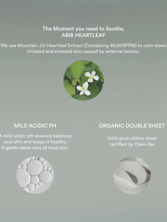 Product advertisement for ABIB HEARTLEAF with text and images of mountain jiri heartleaf extract and cotton sheet.