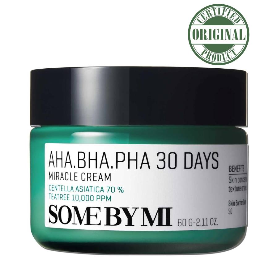 Skincare cream jar labeled 'AHA.BHA.PHA 30 Days' by SOME BY MI with a certification badge on a white background.