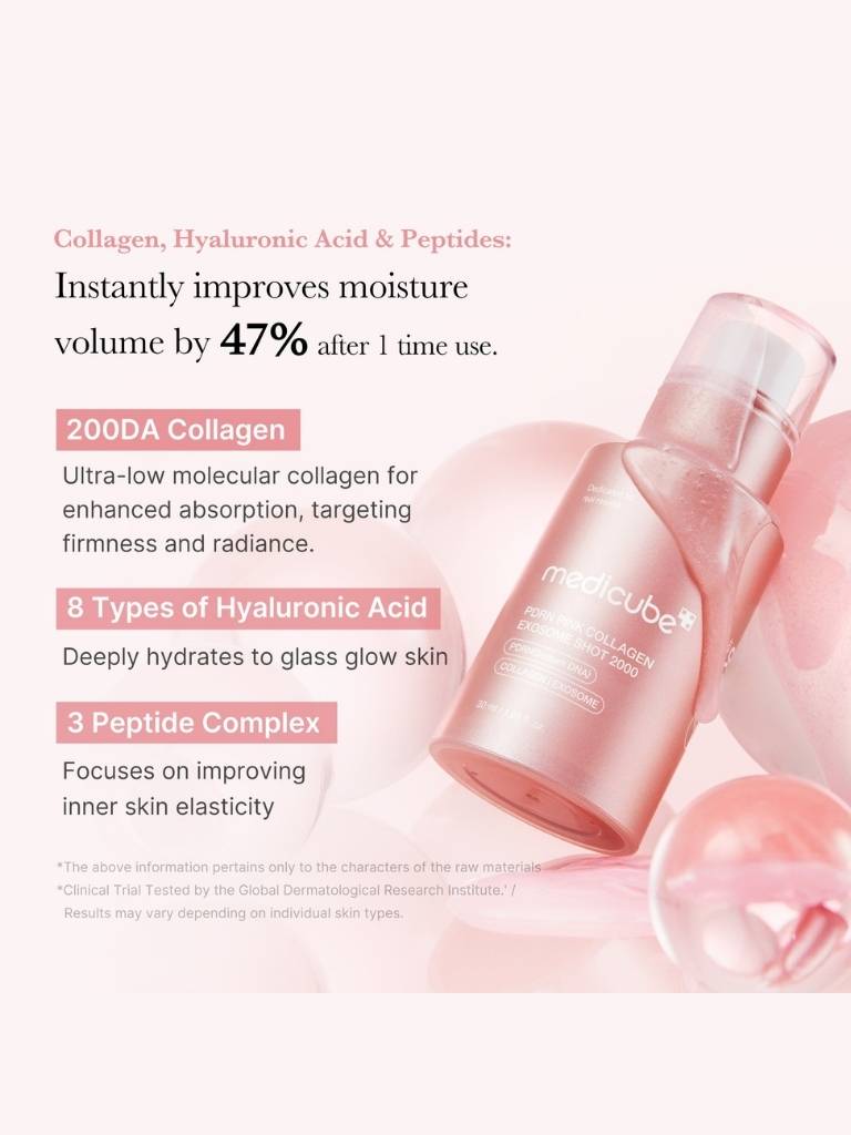 Skincare product with text highlighting collagen, hyaluronic acid, and peptides on a light pink background.