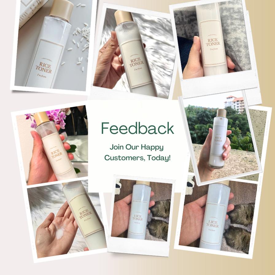 Collage of people holding a skincare product with promotional text for feedback.
