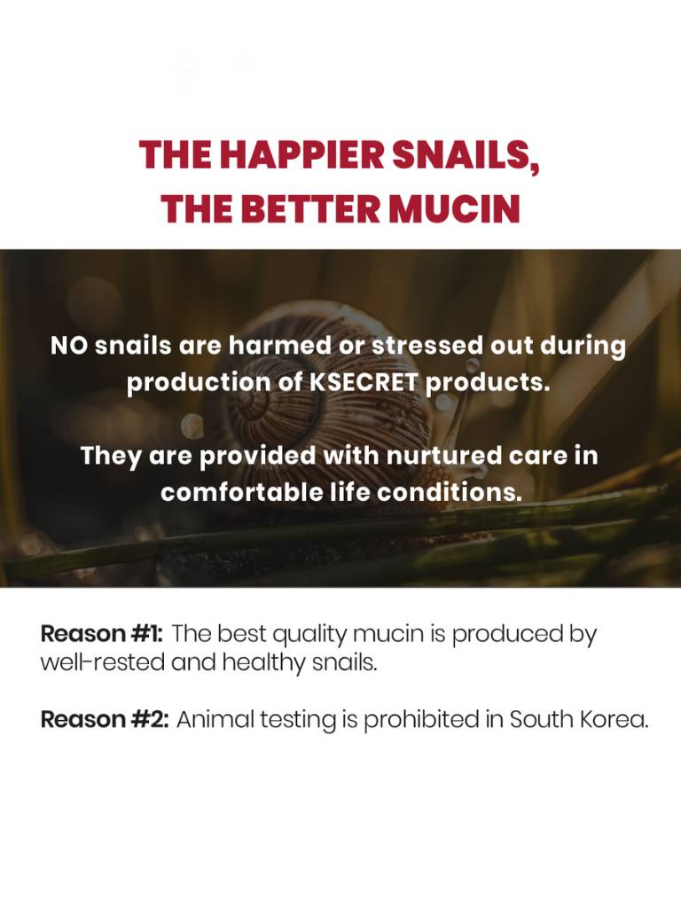 KSECRET product advertisement with snail image and text about snail care and mucin production.