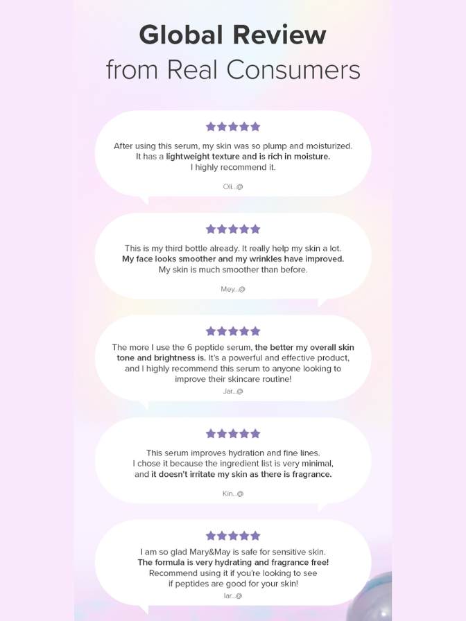 Reviews of a serum on a gradient pink and purple background