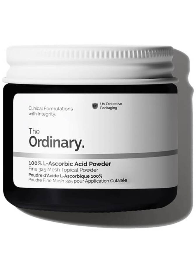 Jar of 'The Ordinary' 100% L-Ascorbic Acid Powder on a white background