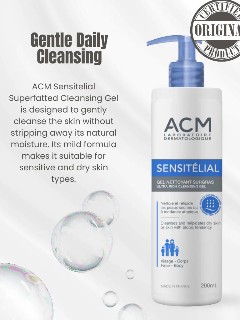 ACM Sensitelial cleansing gel bottle with product description on a white background