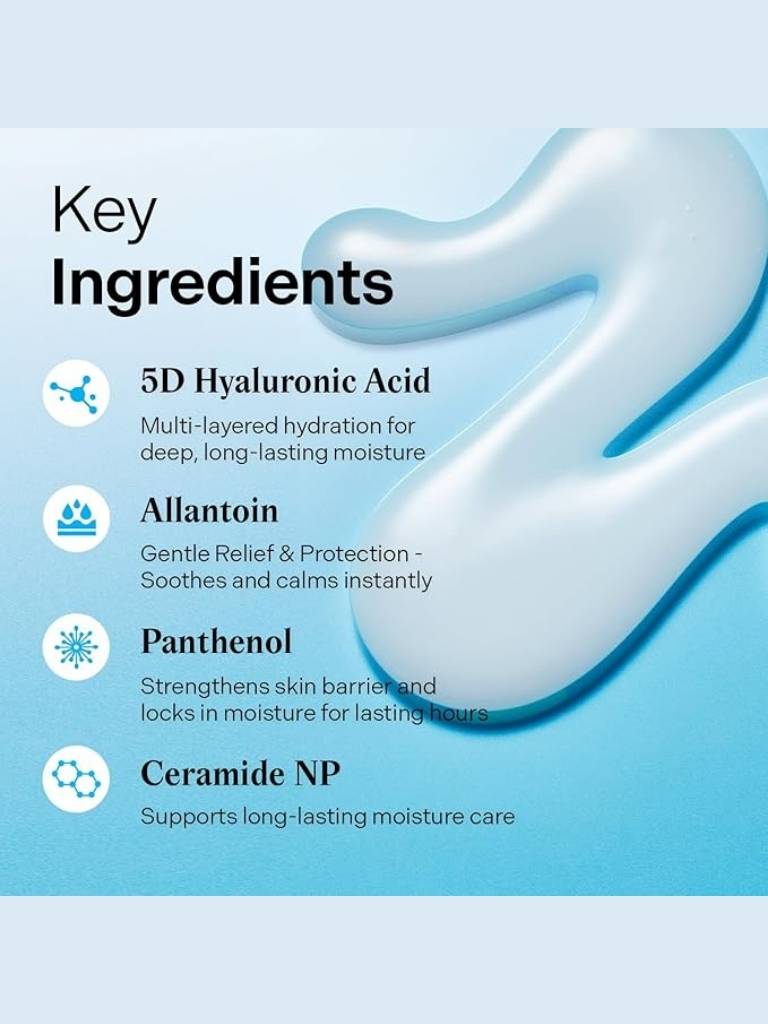 Key ingredients of skincare product with 5D Hyaluronic Acid, Allantoin, Panthenol, and Ceramide NP on a blue background.