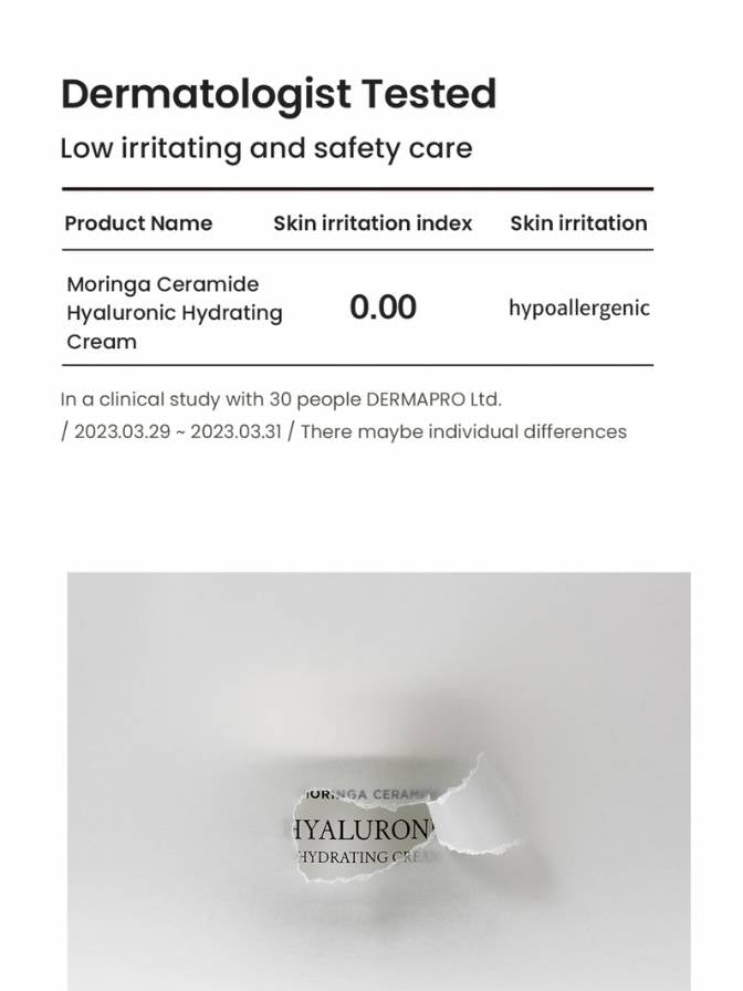 Product label for Moringa Ceramide Hyaluronic Hydrating Cream with clinical study details.