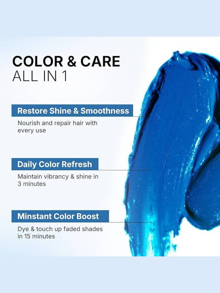 Blue hair care product with text on a light blue background