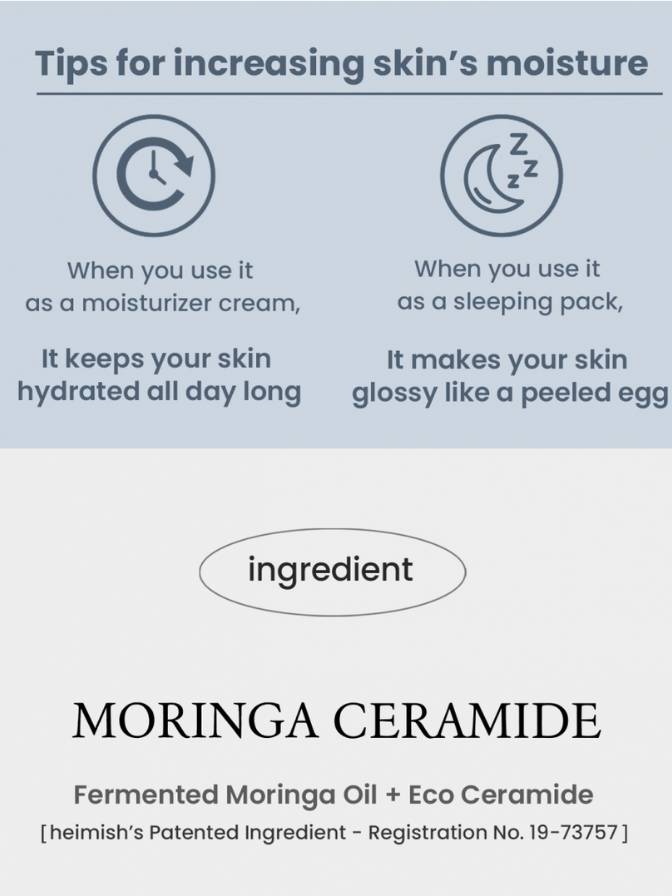 Text explaining the benefits of using a moisturizer cream and sleeping pack with Moringa Ceramide, featuring icons and text on a light blue background.