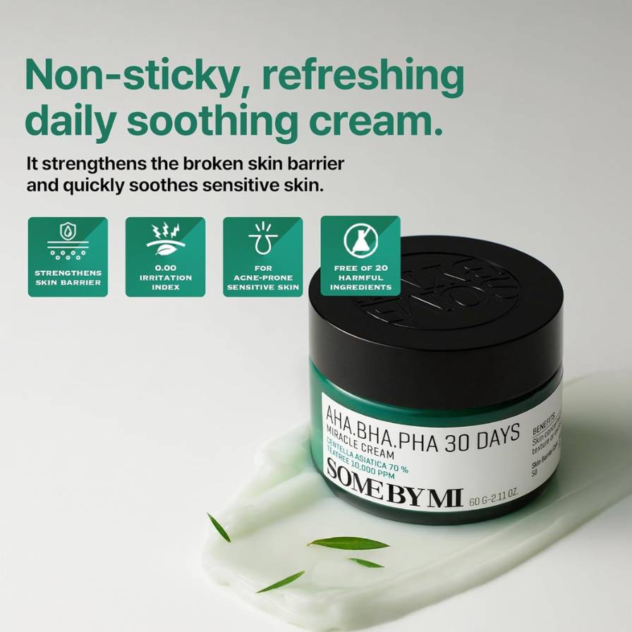 Jar of 'Some By Mi' cream with text highlighting its benefits on a white background