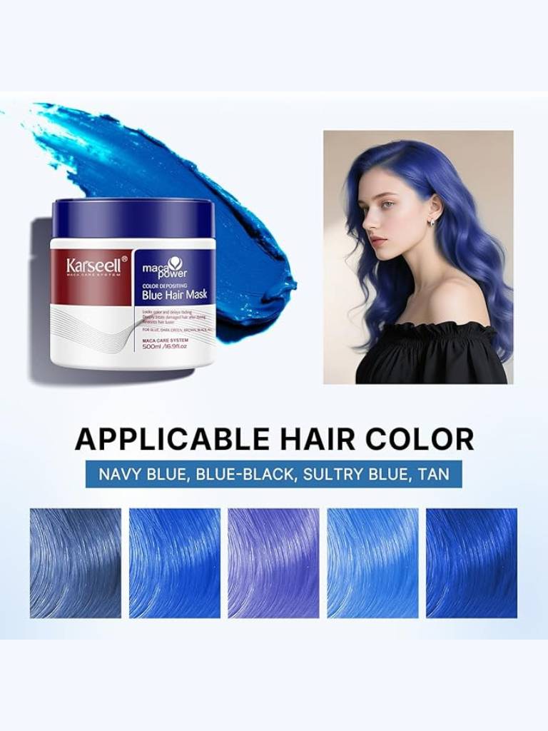 Karseel blue hair mask with a woman having blue hair and color swatches on a white background