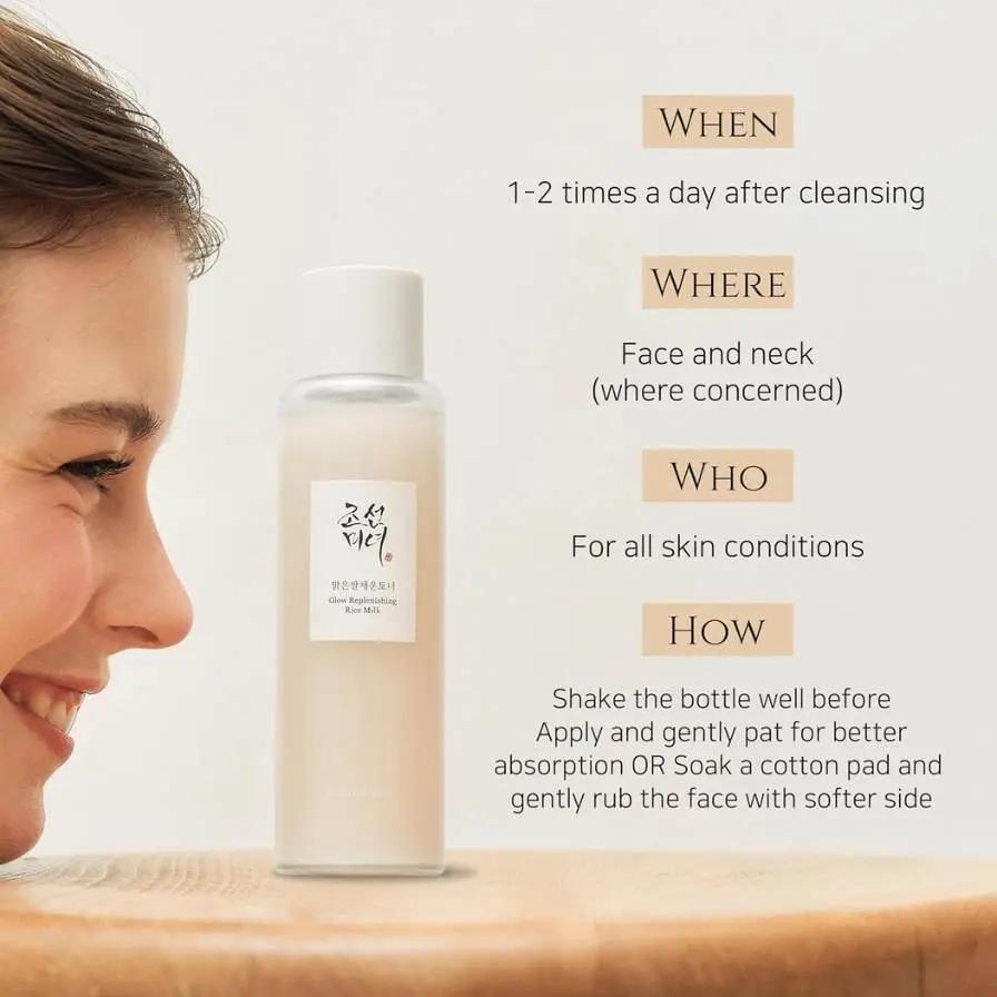 Skincare product bottle with usage instructions on a neutral background