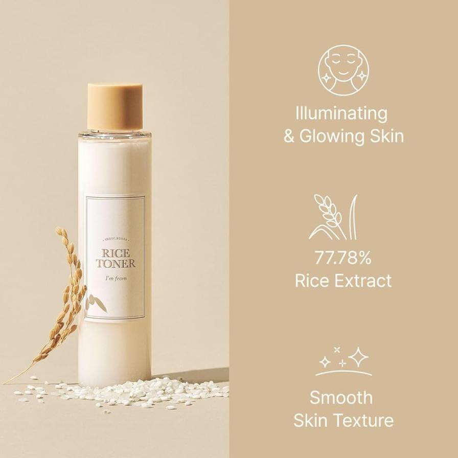 Rice toner bottle with rice extract and benefits on a beige background