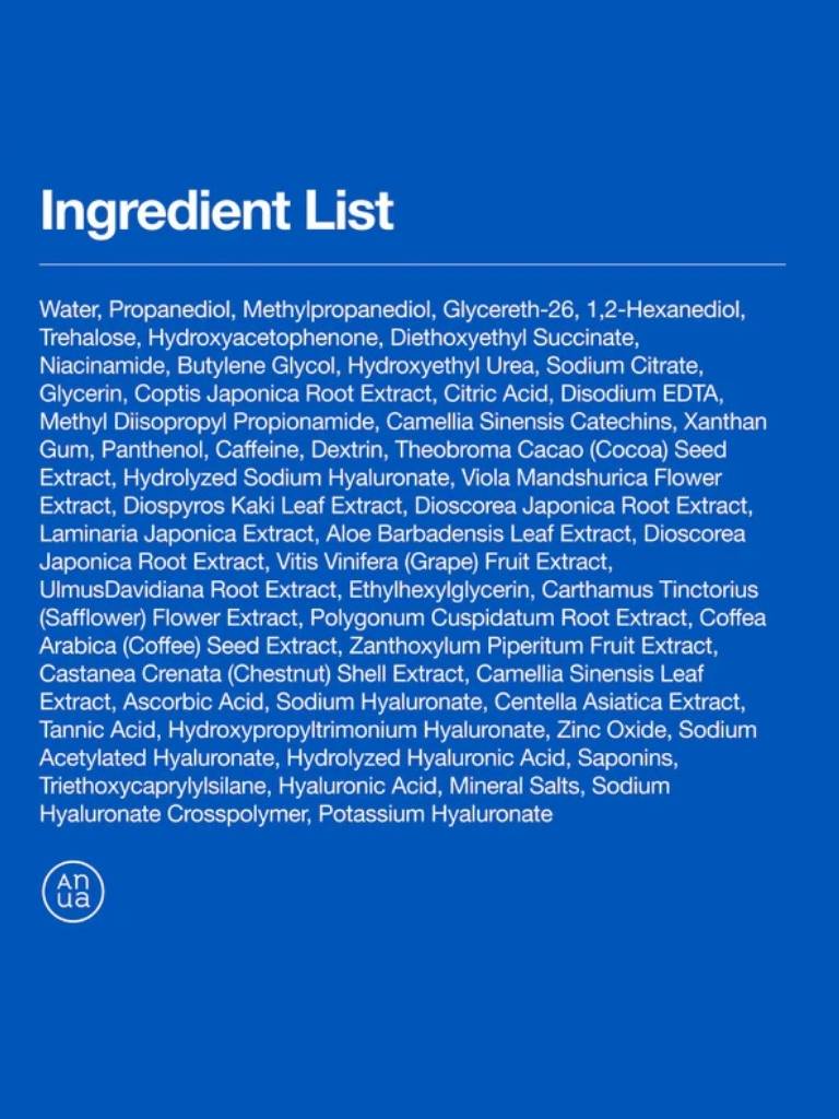 Ingredient list of anua skincare product on a blue background