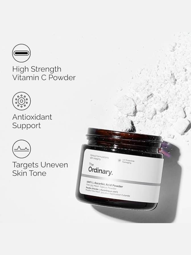 Jar of 'The Ordinary' vitamin C powder with text highlighting its benefits on a white background.