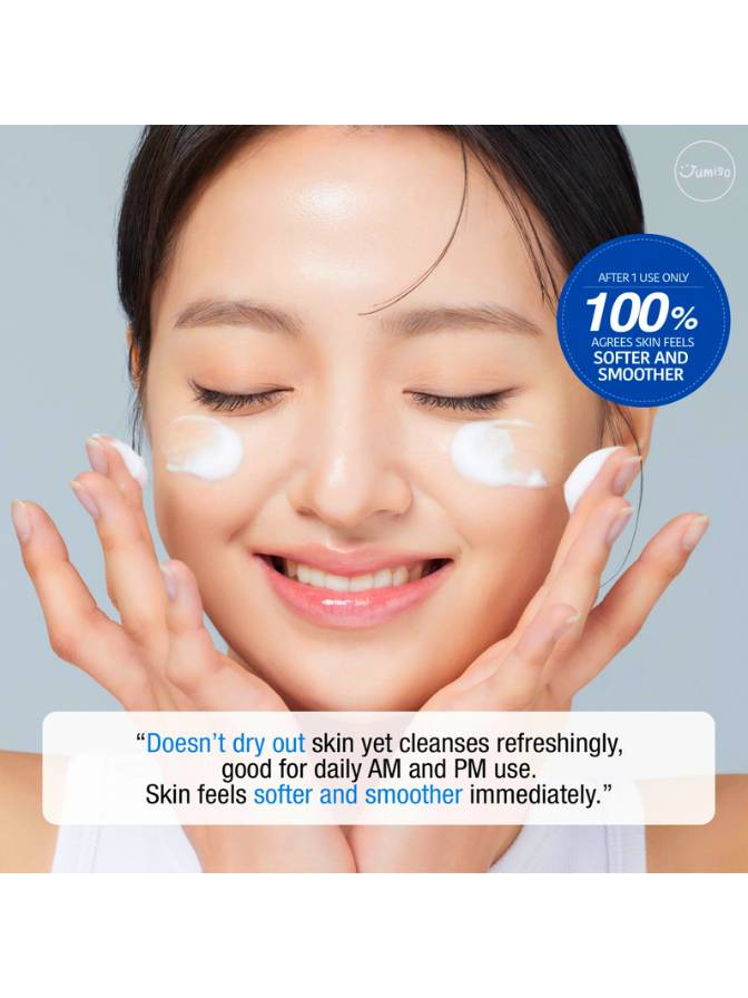 Woman applying a skincare product with text about its benefits on a gray background