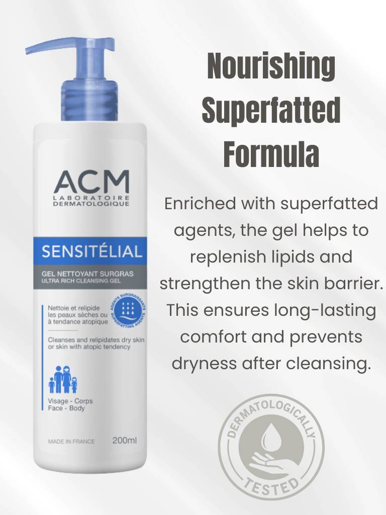 ACM Sensitelial skincare product with text about nourishing superfatted formula on a white background