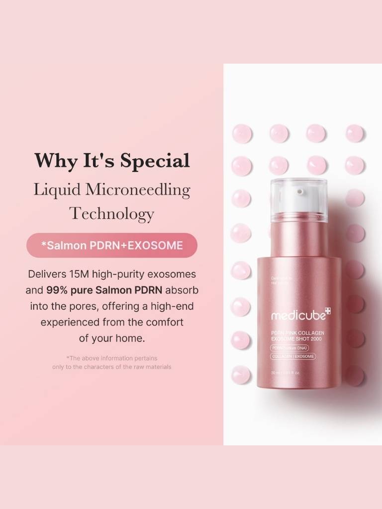 Pink skincare bottle with text on a pink background