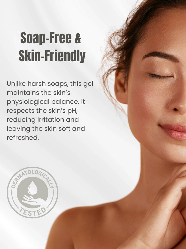 Woman with smooth skin touching her face, with text about soap-free and skin-friendly gel.
