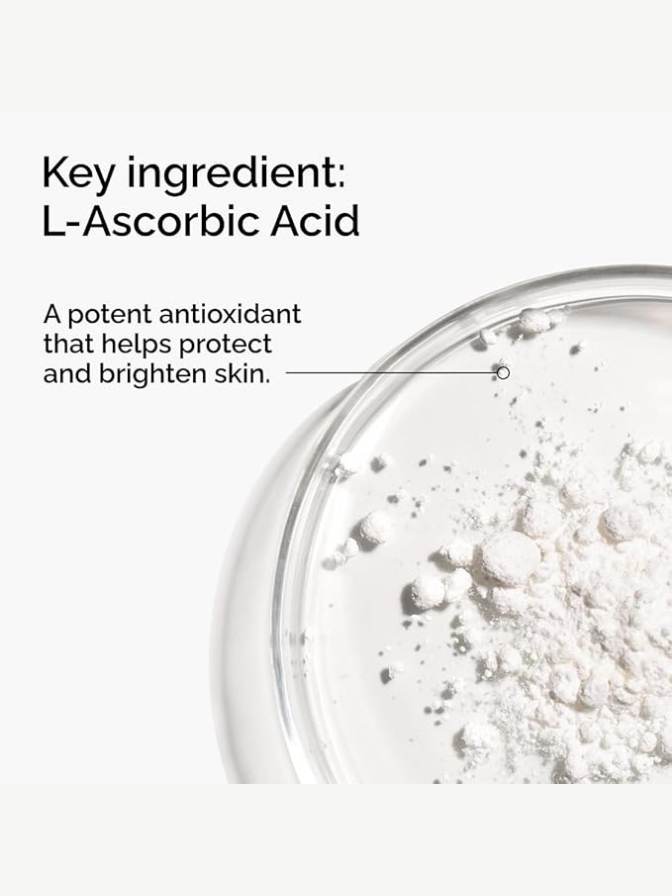 Powdered form of L-Ascorbic Acid with text on a white background