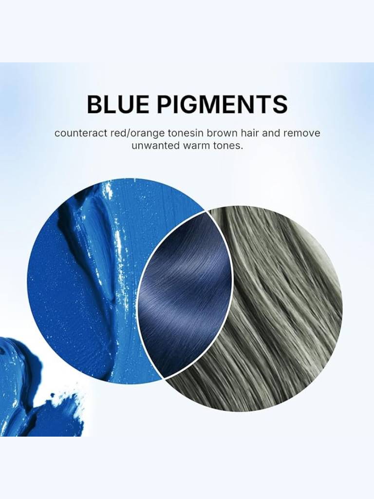 Blue pigments counteracting red/orange tones in brown hair on a light blue background.