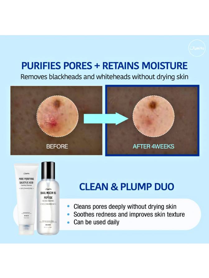 Cosmetic product advertisement showing before and after effects on skin with a blue background.