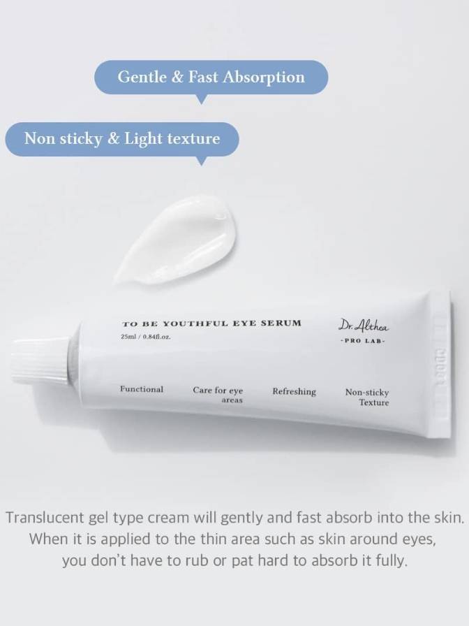 Tube of eye serum with text highlighting gentle absorption and light texture on a white background