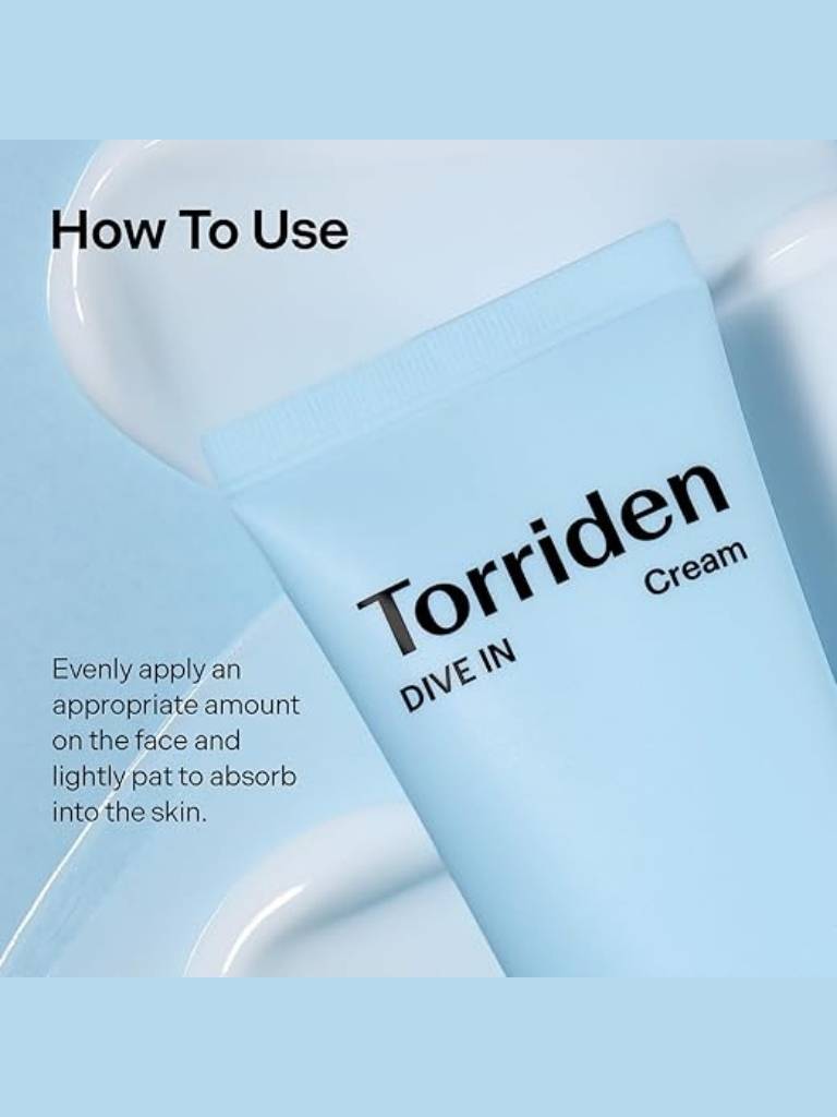 Torriden cream packaging with application instructions on a light blue background