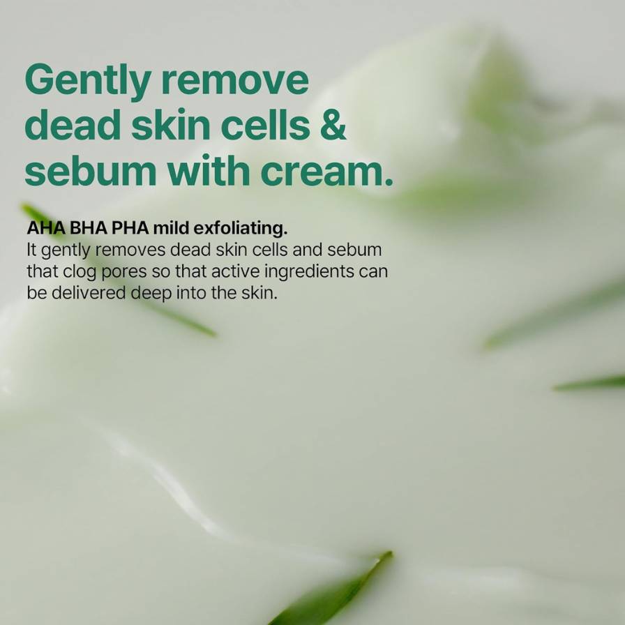 Cosmetic cream with text about exfoliating dead skin cells and sebum