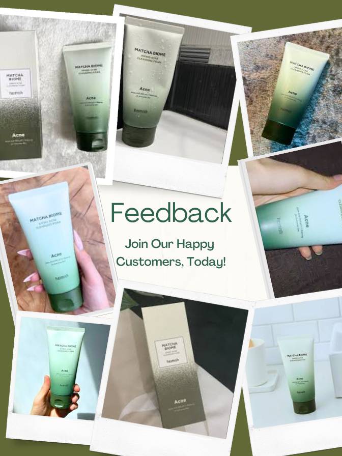 Collage of skincare products with a 'Feedback' call to action on a green background