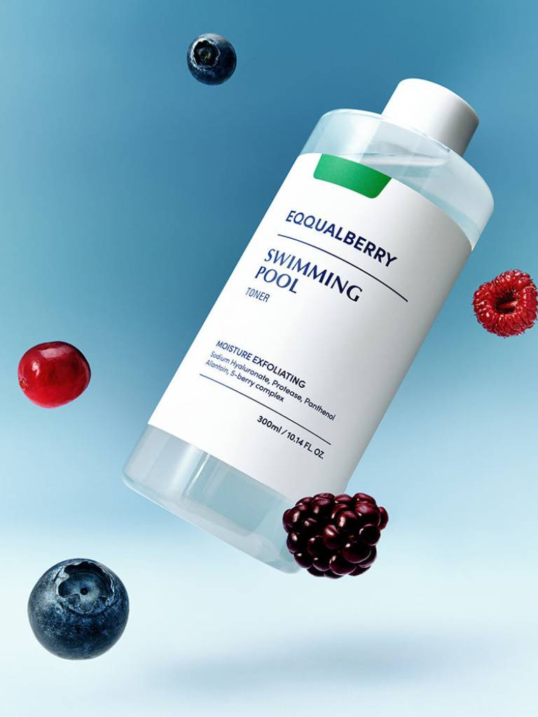 Equalberry swimming pool product with berries on a blue background