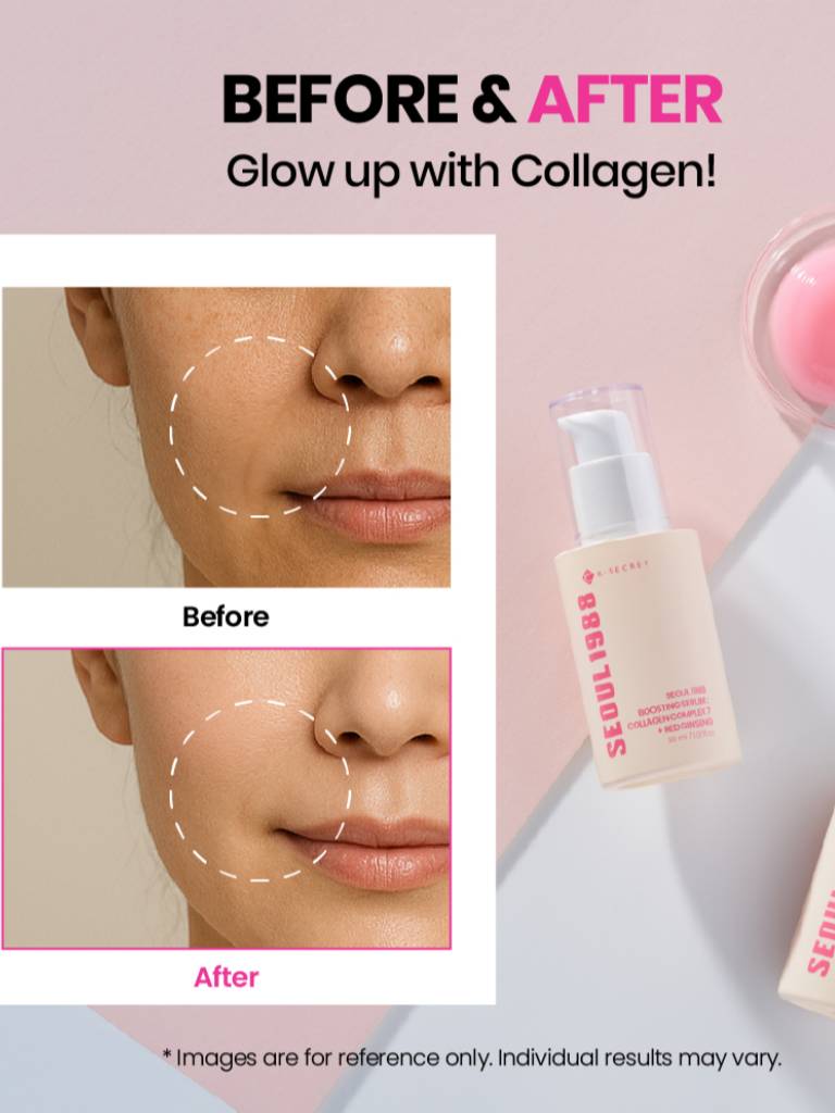Before and after comparison of skin with a skincare product on a pink background