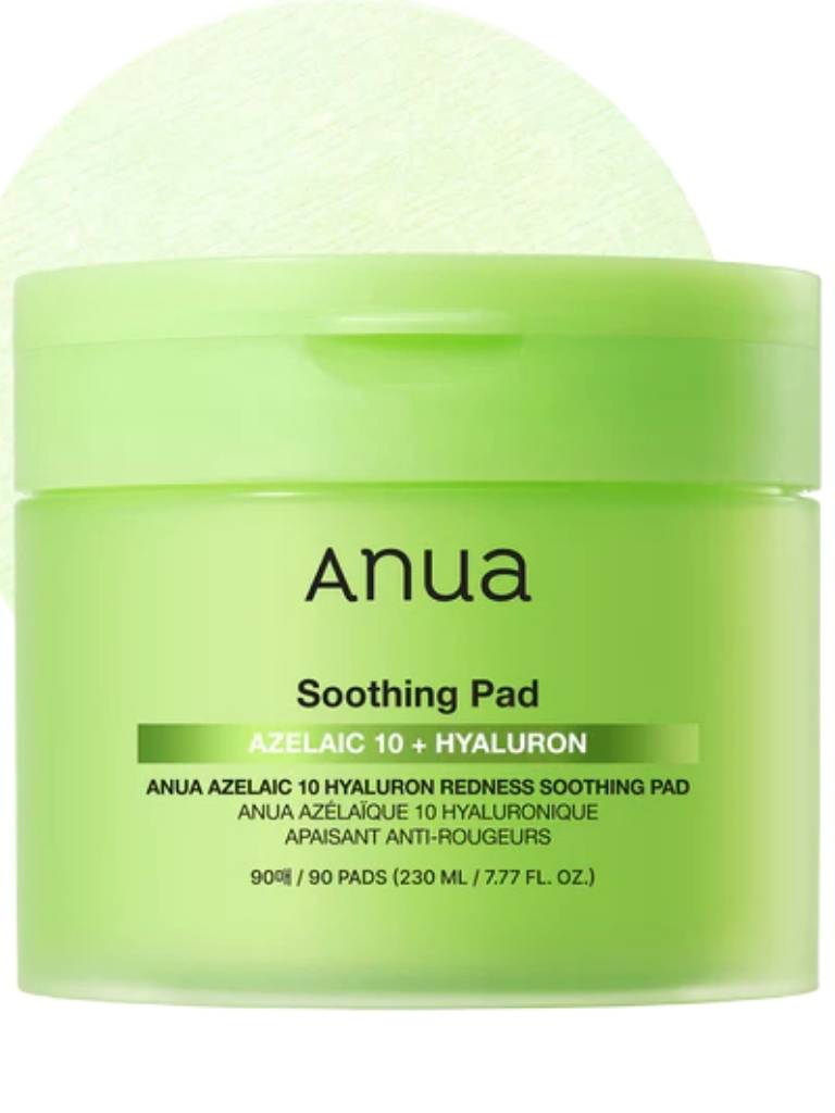Green jar of Anua Soothing Pad with text on a white background