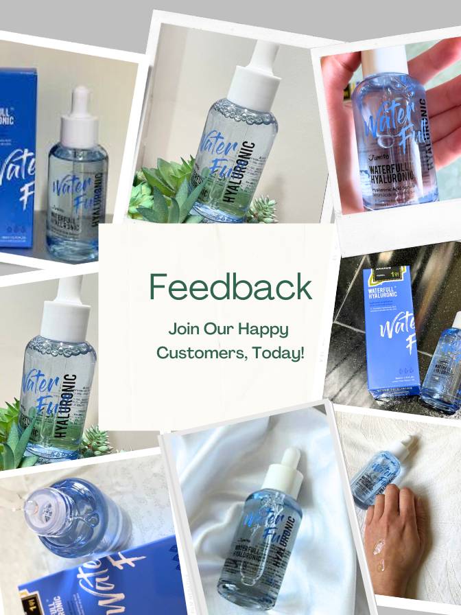 Collage of water bottles with 'Water Fresh' branding, promotional text for feedback.
