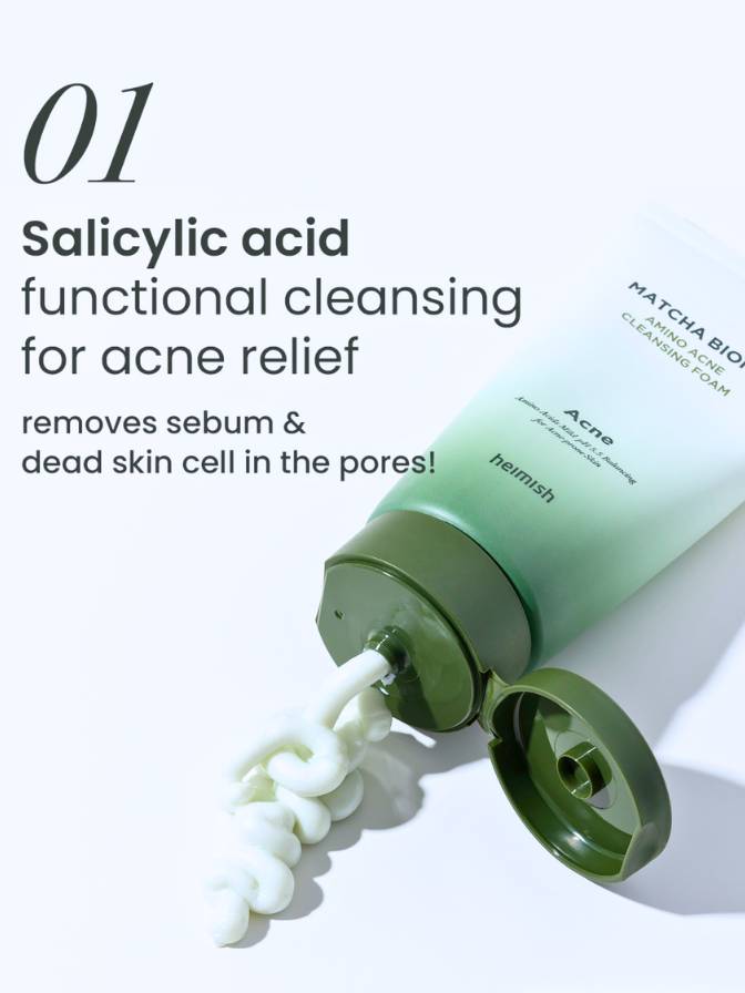 Green skincare product with text about salicylic acid for acne relief on a white background