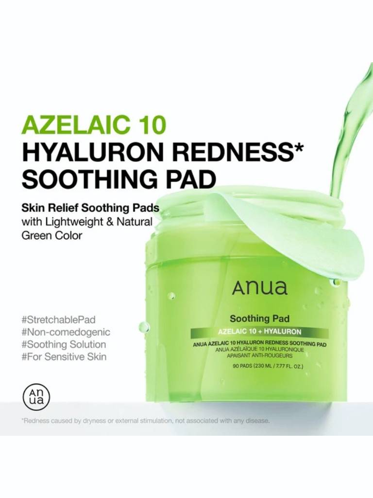 Anua Azelaic 10 Hyaluron Redness Soothing Pad packaging with green color on a white background