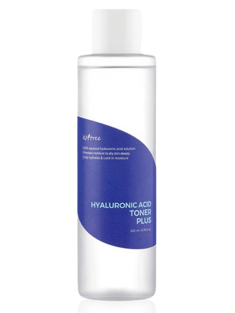 Hyaluronic Acid Toner Plus bottle with blue label on a white background