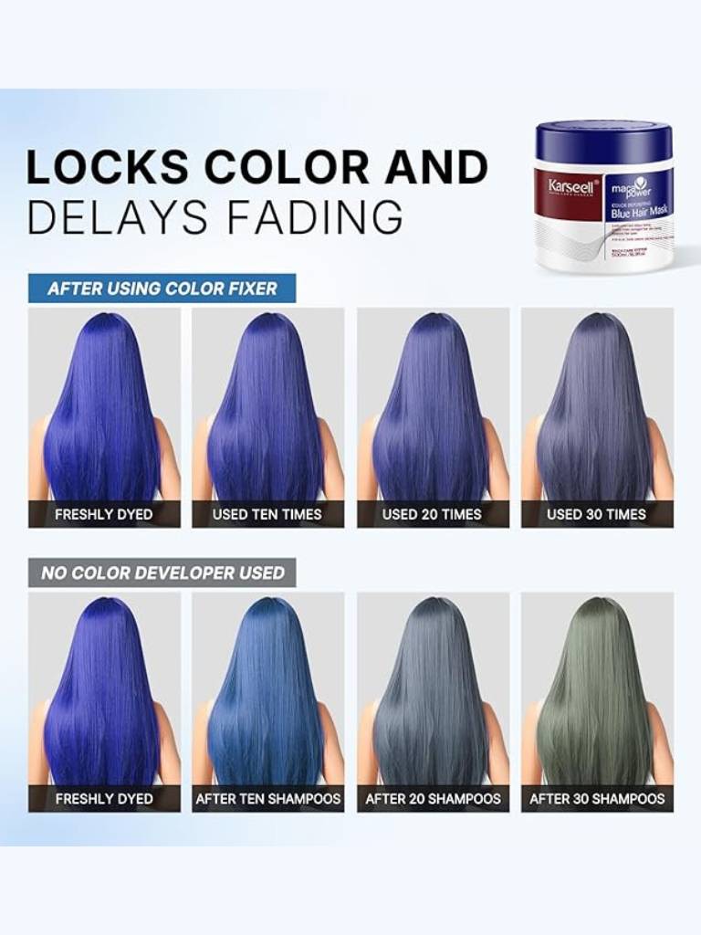 Before and after comparison of blue hair color with a product container labeled 'Color Fixer'.