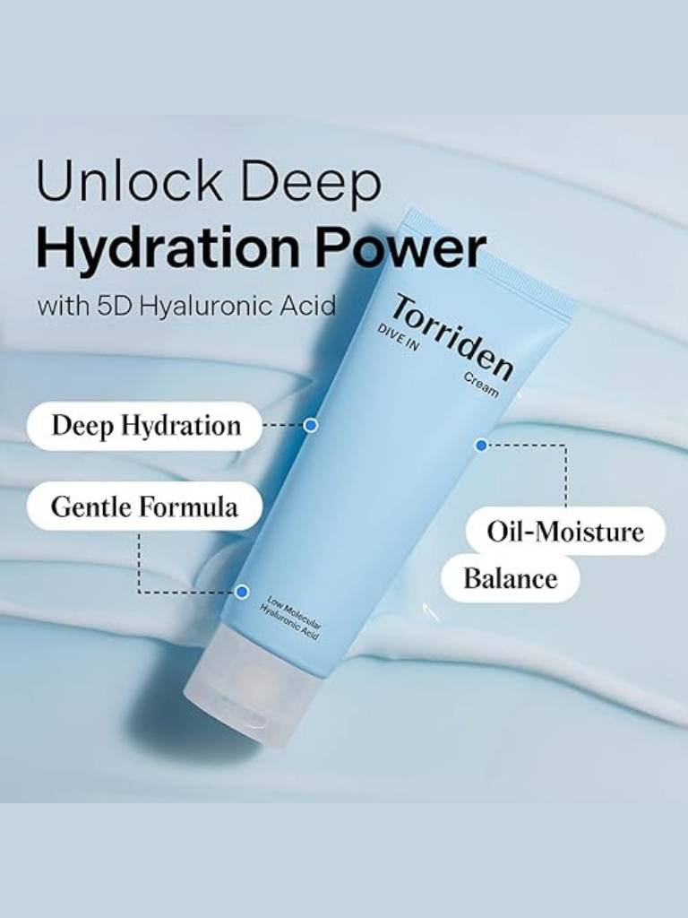 Torriden cream tube with hydration benefits text on a light blue background