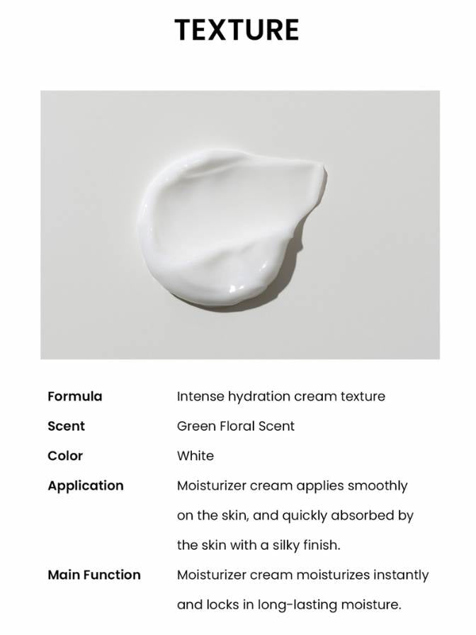 White moisturizer cream texture on a gray background with product details.