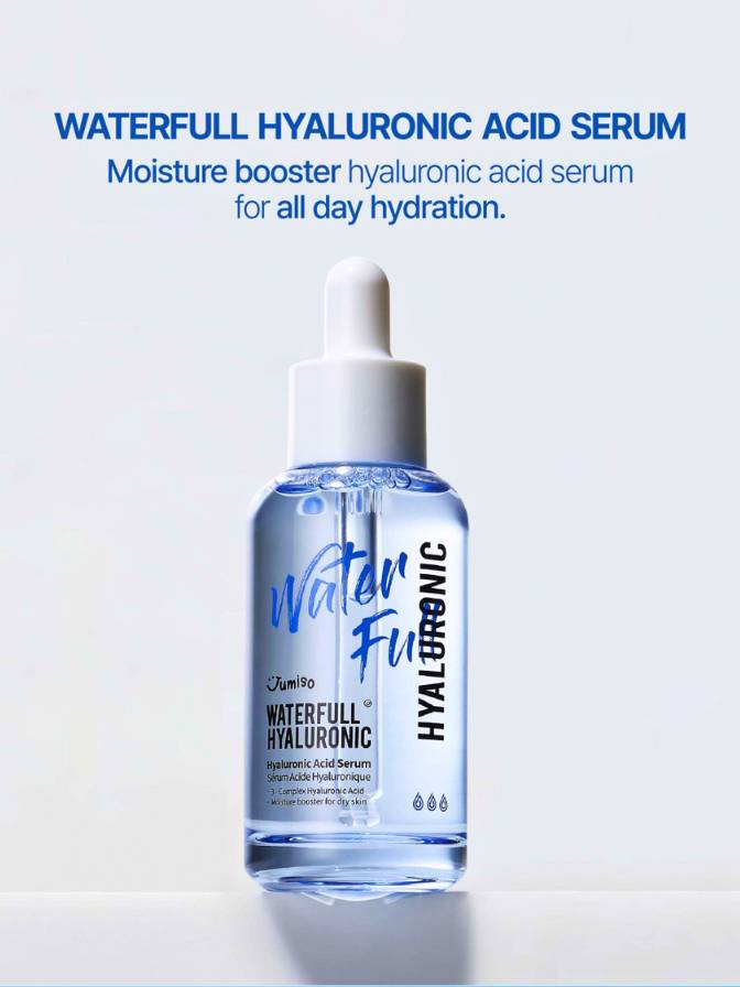 Bottle of Waterfull Hyaluronic Acid Serum on a light blue background