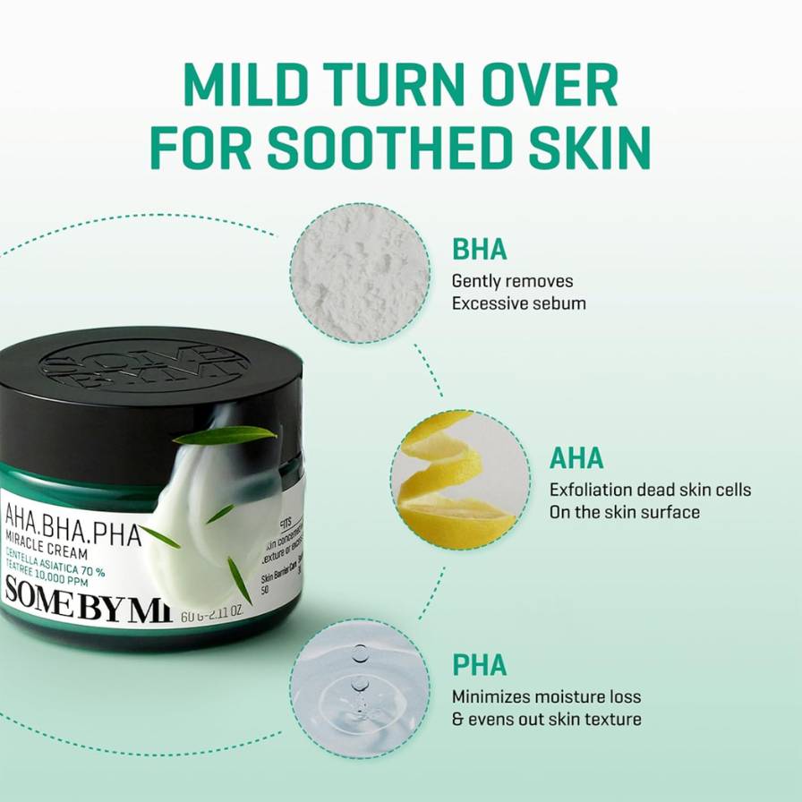 Skincare product with ingredients and benefits on a light green background