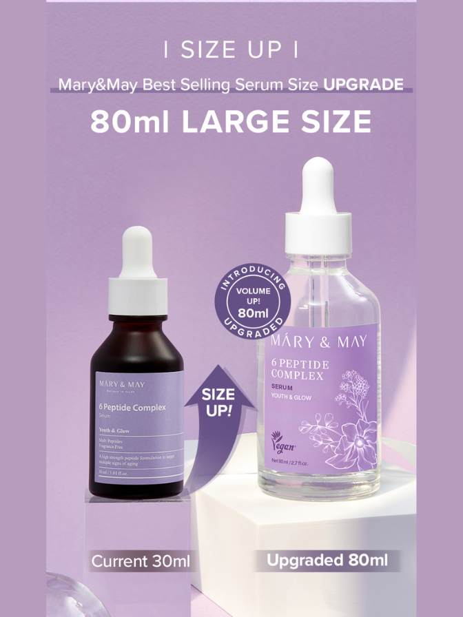 Two serum bottles with droppers on a purple background, promoting a size upgrade from 30ml to 80ml.