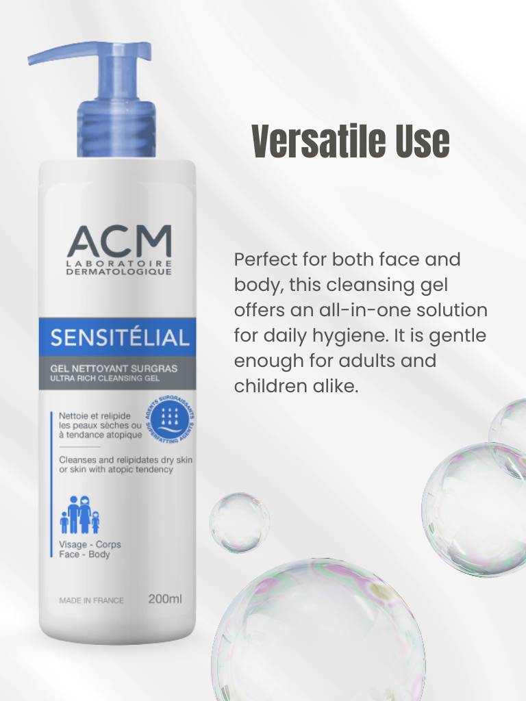 ACM Sensitélial cleansing gel bottle with product description on a white background