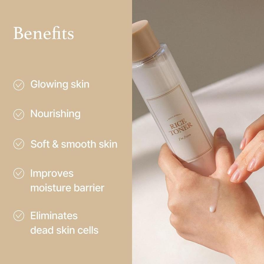 Skincare bottle with hand holding it, benefits listed on the left