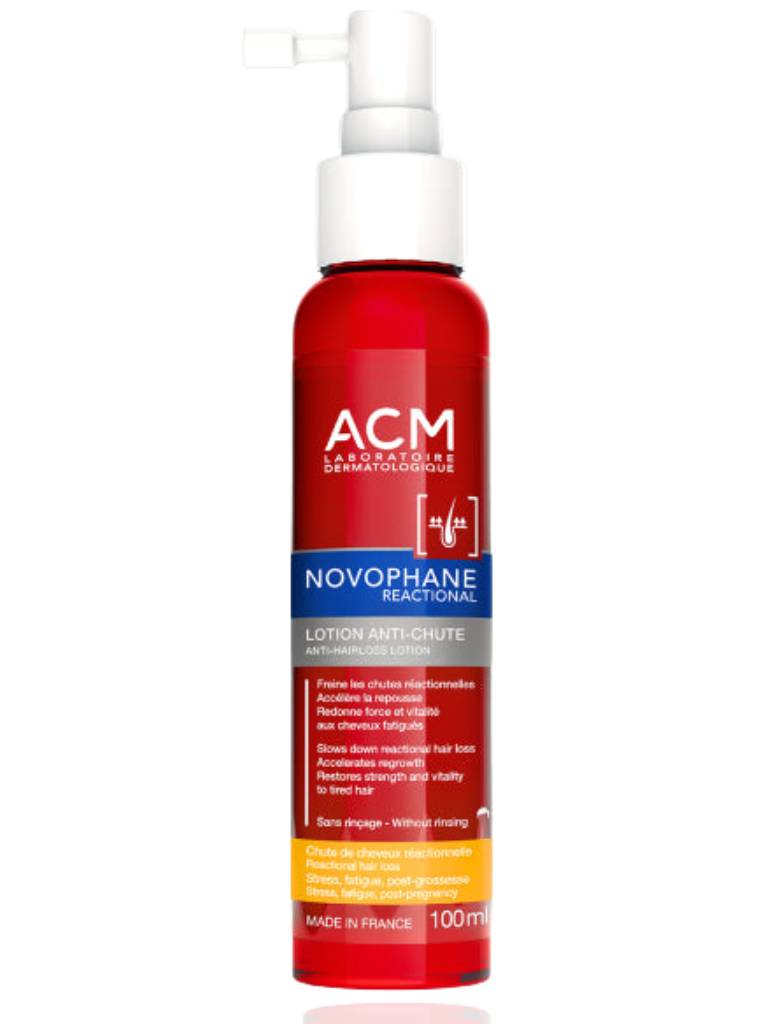 Red bottle with white cap labeled 'ACM Novophane Reactional' on a white background